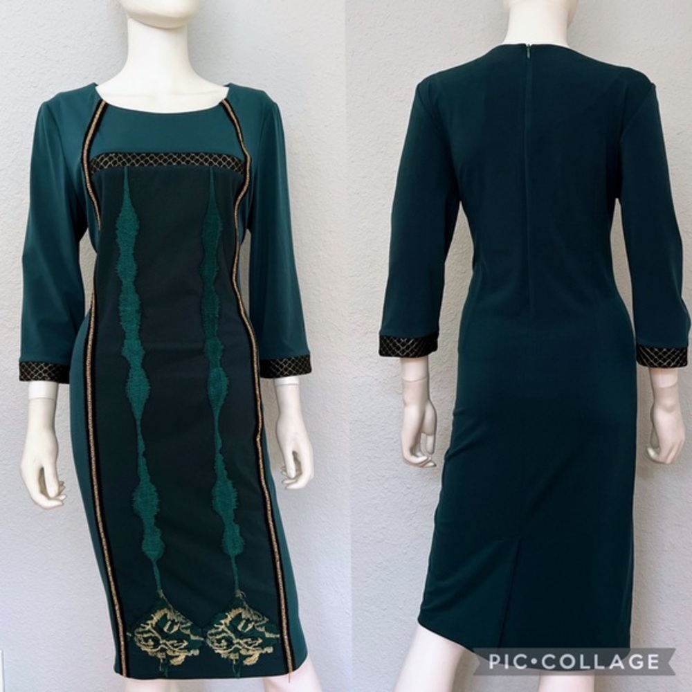 NWT WOMEN PLUS SIZE FORMAL‎ DRESS 3/4 SLEEVES CREW NECK EMBROIDERED LACE GREEN